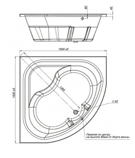 Ванна акриловая Mirsant ЭЛЬБРУС  150x150 см. 