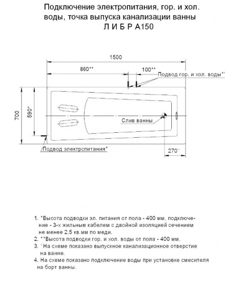 Ванна акриловая Aquatek ЛИБРА  150x70 см. 