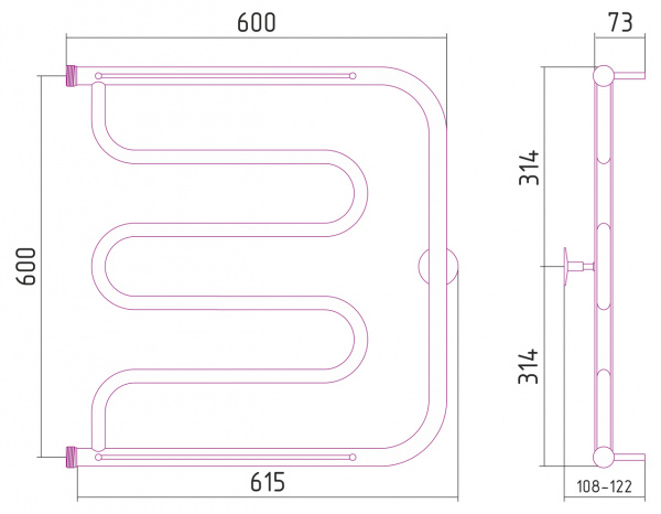 Полотенцесушитель водяной Стилье ТАНДЕМ 00016-6060 600х600 