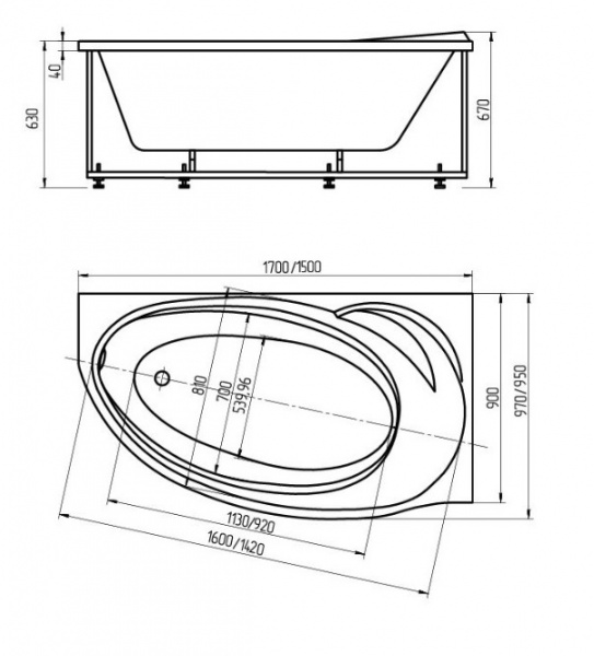 Ванна акриловая Aquatek БЕТТА  170x97 см. левая 